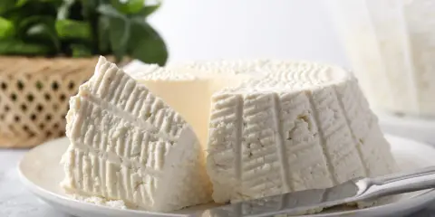 Un morceau de ricotta fraîche sur une assiette, avec des herbes en arrière-plan. Idéal pour connaître les calories de la ricotta.