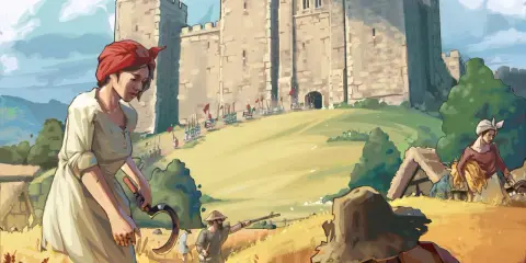 Bauern ernten auf einem Feld vor einer Burg. Dies illustriert die **feudalismus definition**: eine Gesellschaftsordnung mit Adel, Klerus und Bauern.