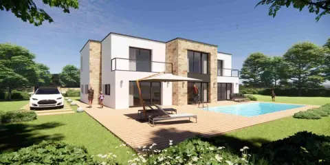 Maison moderne avec piscine, terrasse en bois et voiture électrique. Un architecte a conçu cette construction pour un style de vie luxueux.