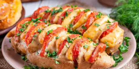Pyszny pomysł, co zrobić z fileta z kurczaka na obiad: pieczony filet z kurczaka z pomidorami i serem, posypany natką pietruszki.