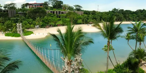 Hängende Brücke über türkisfarbenem Wasser führt zu einem sonnigen singapur strand mit Palmen und Resorts im Hintergrund.