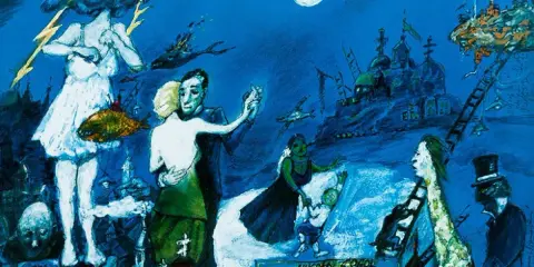 Tancerze, postać z chmurą i rybą, dziwne budowle i latające ryby tworzą surrealistyczną scenę. To plakat do spektaklu "Martwe dusze".