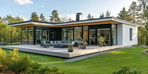 Modernt hus med stora fönster och ett platt tak, omgivet av grönskande natur och en rymlig altan med utemöbler.