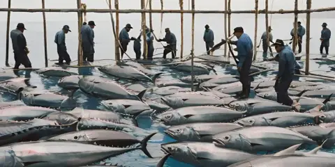 Uomini in piedi nell'acqua gestiscono un grande allevamento di tonni.