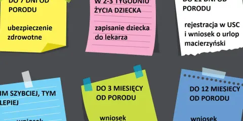 Terminy na załatwienie formalności po porodzie: ubezpieczenie, rejestracja dziecka, wniosek o urlop macierzyński, 500+, becikowe i kosiniakowe.