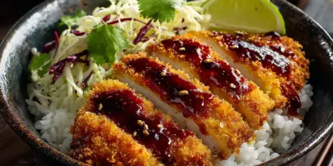 Krispig chicken katsu med ris, kålsallad och en mörk sås. En limeklyfta toppar rätten.
