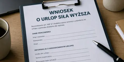 Wniosek o urlop siła wyższa. Dokument zawiera dane pracownika i informacje o wnioskowanym urlopie.