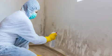 Persona con traje protector y guantes amarillos aplica spray a pared con moho, buscando remedios caseros para quitar el moho de las paredes.