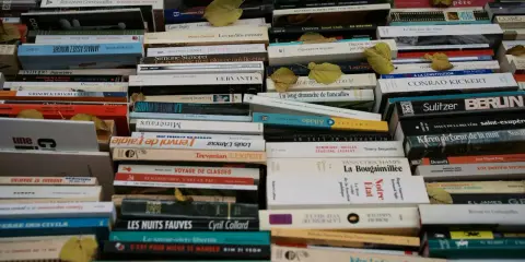 Une pile de livres anciens, certains jaunis par le temps. On peut y lire des titres comme "La nuit à Paris" ou "Le savoir-vivre libertin". L'image invite à interagir avec la conjugaison des mots et des histoires.