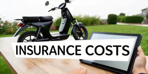 Czarny skuter elektryczny na tle zieleni. Na tablecie napis "INSURANCE COSTS". Sprawdź ubezpieczenie skutera elektrycznego.