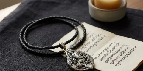 Ett silverhänge med Ganesha, om gam ganapataye namaha, på en flätad läderrem. Bredvid ligger en gammal text och ett ljus.