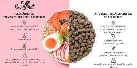 Vergleich von Nierendiätfutter: Dieses Futter mit Lachs, Ei & Erbsen ist getreidefrei. Anderes Futter meidet Fleisch, welches Fleisch bei Niereninsuffizienz?