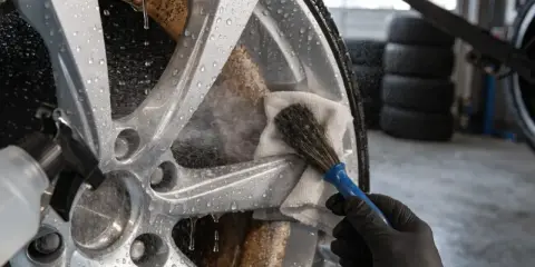 Szczotkowanie i spryskiwanie felg aluminiowych wodą podczas ich czyszczenia.
