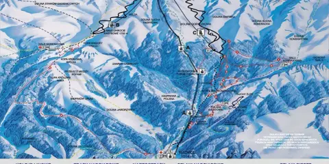 Mapa Tatr z zaznaczonymi trasami narciarskimi na Kasprowy Wierch. Widoczne koleje linowe i szlaki.