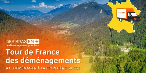 Un camion de déménagement sur une carte de France, prêt pour déménager en Suisse. Paysage montagneux en arrière-plan.
