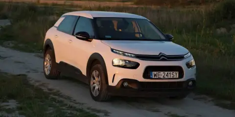 Biały Citroen Cactus na polnej drodze, w tle pole i zachodzące słońce.