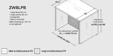 Schemat modułu kuchennego ZW8LPB. Wymiary: głębokość 52,5 cm, blat 80 cm. Regulacja wysokości od 85,3 do 86 cm. Szerokość wyspy kuchennej od 80 do 200 cm.
