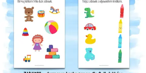 Karty pracy dla dzieci: rysowanie po śladzie zabawek, dopasowywanie ich do kolorowych kredek. Miś, autko, kaczuszka i inne.