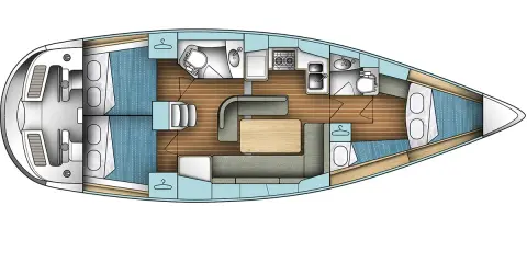 Schéma voilier vu de dessus : cabines, salle de bain, cuisine, salon avec table et banquettes.