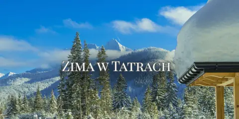 Zima w górach Tatrach. Śnieg pokrywa drzewa i szczyty, a błękitne niebo z chmurami zaprasza do podziwiania krajobrazu.