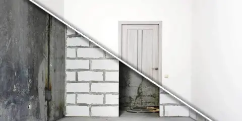 Metamorfoza starego domu: od surowej ściany z cegły i betonu do jasnego wnętrza z nowymi drzwiami.