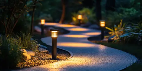 Oświetlenie ogrodu inspiracje: ścieżka w ciemności rozświetlona przez nowoczesne lampy, tworzące magiczną atmosferę.