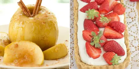 Manzana asada con canela y tarta de fresas, dos postres fáciles y deliciosos.