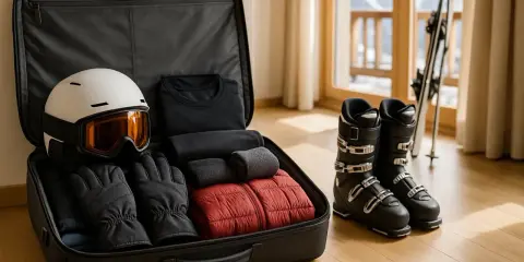 Walizka z wyposażeniem narciarskim: kask, gogle, rękawice, kurtka, ubrania. Obok buty narciarskie i narty. Idealna lista, co zabrać na narty.