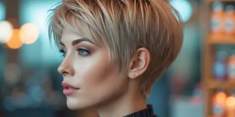 Kobieta z blond, krotkimi wlosami i delikatnym makijażem patrzy w bok.