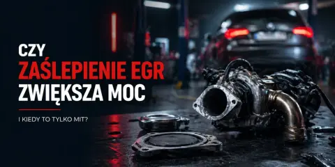 Czy zaślepienie EGR zwiększa moc? Na stole leży turbosprężarka i elementy do jej montażu, w tle warsztat samochodowy.