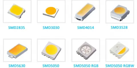 Różne typy diod smd oznaczenia: SMD2835, SMD3030, SMD4014, SMD3528, SMD5630, SMD5050, SMD5050 RGB, SMD5050 RGBW.