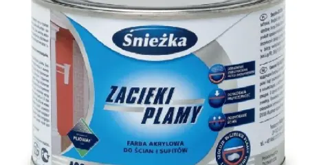 Puszka farby akrylowej Śnieżka "Zacieki i Plamy" 400 ml, przeznaczona do usuwania śladów po wodzie i zabrudzeń.