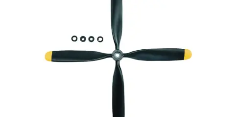 Vierblättriger Propeller mit gelben Spitzen, bereit für den Einbau in einen blf Motor. Vier kleine Ringe liegen daneben.
