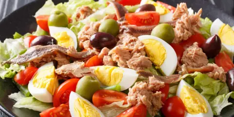Ein bunter Nizza Salat mit Thunfisch, Ei, Tomaten, Oliven und Sardellen auf knackigem Salatbett.