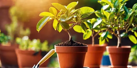 Un petit citronnier prêt à être rempoté dans son nouveau pot en terre cuite, sous un soleil radieux.