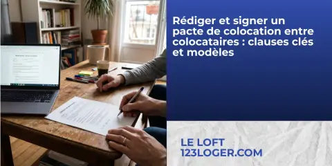 Un homme signe un contrat de colocation sur une table en bois, un ordinateur portable ouvert à côté. Le texte indique "Rédiger et signer un pacte de colocation".