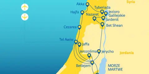 Mapa Izraela z zaznaczoną trasą podróży i lotniskami.