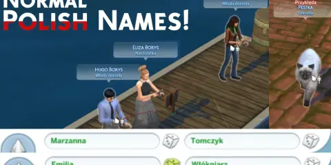 Mody do Simsów z polskimi imionami: Hugo, Eliza, Amelia i kotka Pestka. Na dole nazwiska: Marzanna, Tomczyk, Emilia, Włókniarz.