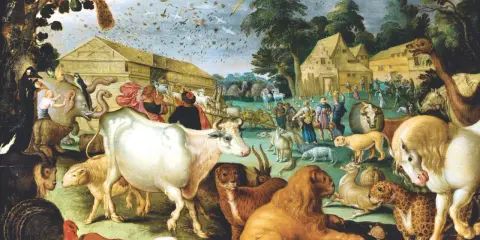 Noah's ark, ein antiker dreiruderer, füllt sich mit Tieren aller Art, während Menschen sie an Bord führen. Vögel schwärmen am Himmel.