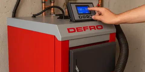 Dłoń dotyka panelu sterowania pieca na drewno DEFRO, na którym wyświetlana jest temperatura.