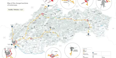 Mapa Słowacji z zaznaczonymi płatnymi odcinkami autostrad. Unikaj mandatu za brak winiety słowacja, sprawdzając trasę.