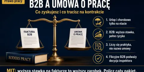 Waga porównuje fakturę B2B z umową o pracę. Prawo pracy wyjaśnia, co zyskujesz i tracisz na kontrakcie.