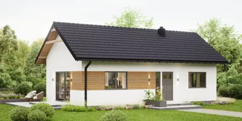 Nowoczesny domek letniskowy z drewnianymi elementami, idealny na wypoczynek. Sprawdź, jak uzyskać dofinansowanie na domek letniskowy i spełnić marzenia o własnym azylu.