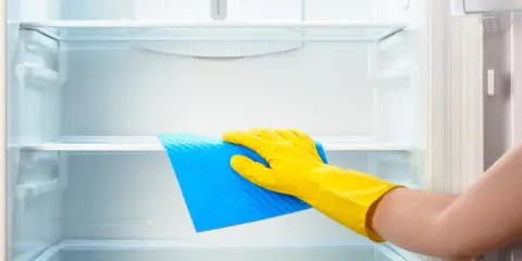 Ręka w żółtej rękawiczce czyści wnętrze lodówki niebieską gąbką. Dowiedz się, czym myć lodówkę, by była lśniąca i higieniczna.