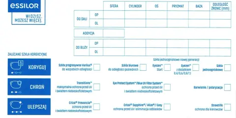 Recepta na okulary od prywatnego okulisty z danymi pacjenta i parametrami korekcji.