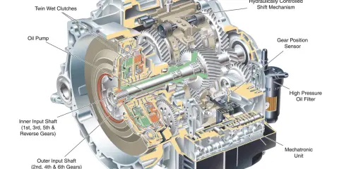 Esquema de caja de cambios automática: se observan embragues húmedos, bomba de aceite, ejes de entrada y el mecanismo de cambio hidráulico.