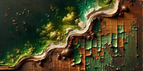 Une texture abstraite évoquant une terre verte luxuriante, contrastant avec une surface craquelée et ancienne.