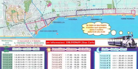 Mappa di Rimini con il percorso del trenino turistico, che collega il centro storico alle zone balneari come Viserba e Torre Pedrera. Orari del trenino Igea Marina.