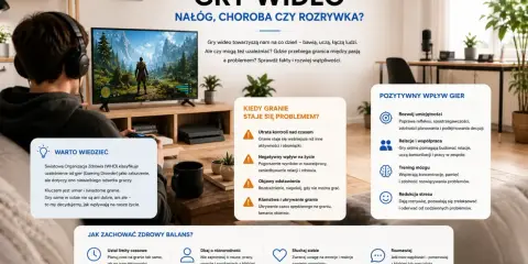 Chłopak gra w gry wideo, które mogą być rozrywką lub nałogiem. Kluczem jest umiar i świadome granie, by czerpać z nich korzyści.
