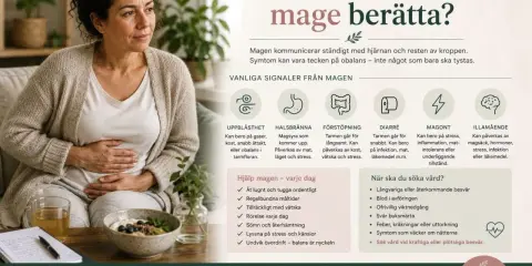 Kvinnan håller handen på magen. Bilden listar vanliga magbesvär och ger råd, inklusive mat att undvika vid diarré.